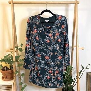 Xhiliration Dark Green Floral Mini Dress with Bell Long Sleeves, Criss Cross, XS